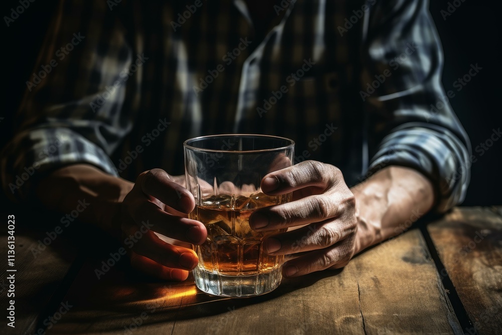 Hands holding a rocks glass with whiskey and ice cubes on a rustic wooden table in dimly lit setting Hands holding a rocks glass with whiskey and ice cubes on a rustic wooden table in dimly lit setting