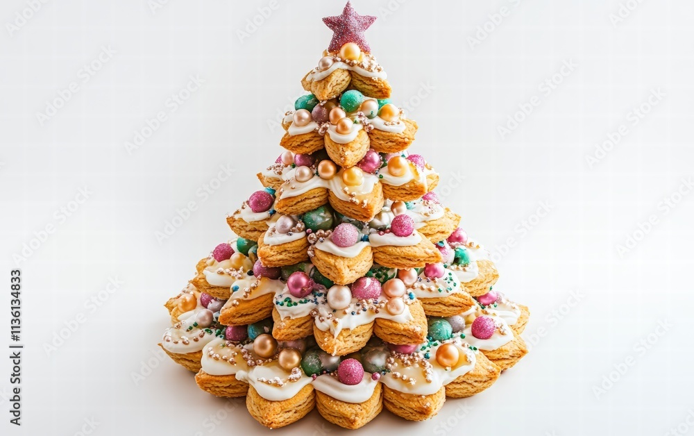 A tree made of frosted cookies with colorful icing and edible pearls as decorations on a bright white background A tree made of frosted cookies with colorful icing and edible pearls as decorations on a bright white background