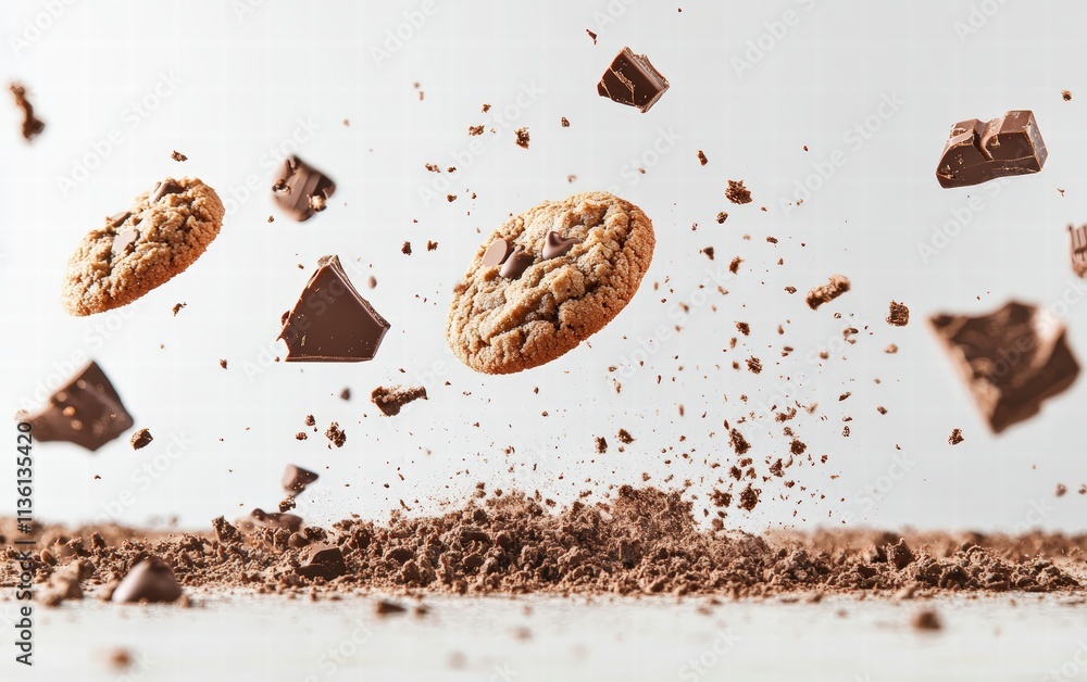 Chocolate chip cookies levitating with crumbs and chocolate pieces scattered mid-air on a bright white background Chocolate chip cookies levitating with crumbs and chocolate pieces scattered mid-air on a bright white background
