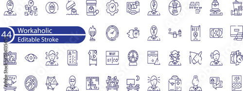 Set of outline icons related to workaholic. Linear icon collection. Editable stroke.