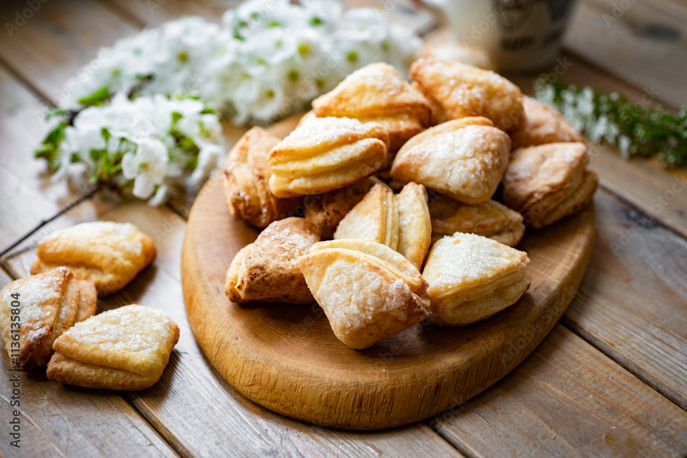 Sugar cookies for dessert on a wooden table. Delicious cookies for breakfast. Close-up Sugar cookies for dessert on a wooden table. Delicious cookies for breakfast. Close-up