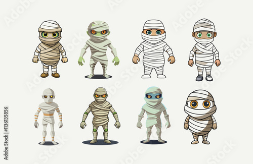 Set of Mummy . Halloween cartoon characters . Vector cartoon illustration isolated on white background