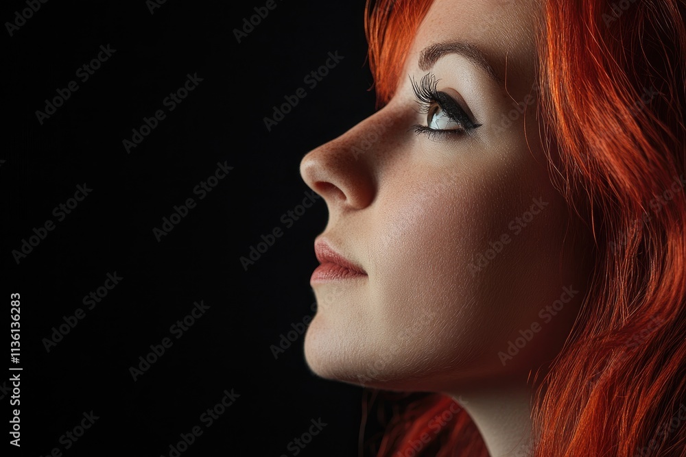 Redhead woman profile gazing towards light Redhead woman profile gazing towards light