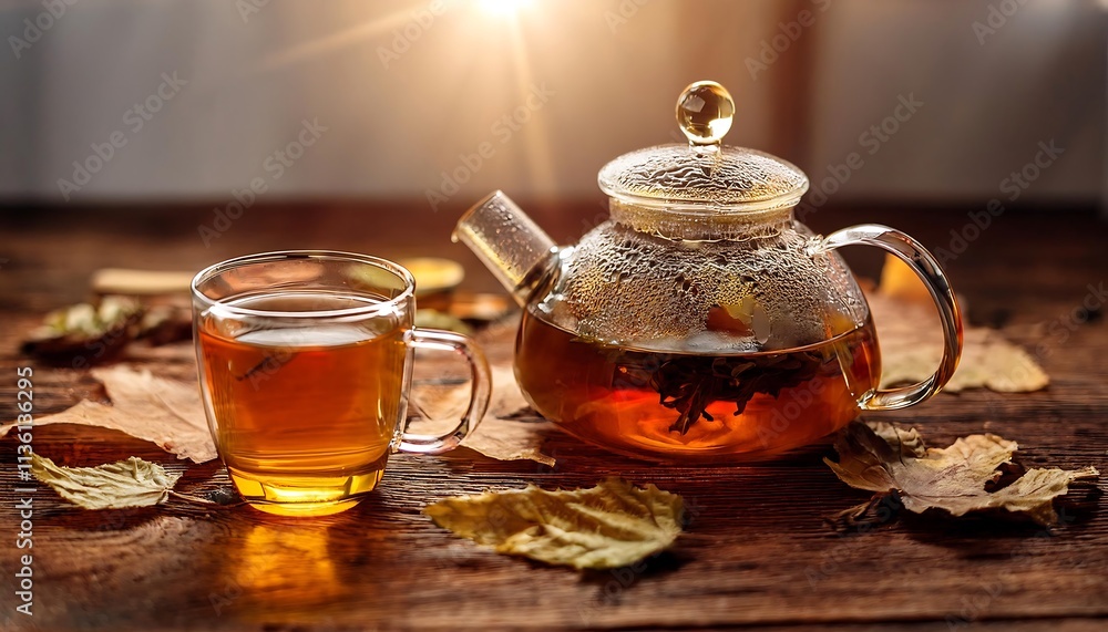 Cozy herbal tea setting with glass teapot and mug on wooden table surrounded by autumn leaves. Generative AI Cozy herbal tea setting with glass teapot and mug on wooden table surrounded by autumn leaves. Generative AI
