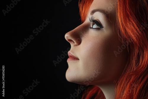 Redhead woman profile gazing towards light photo