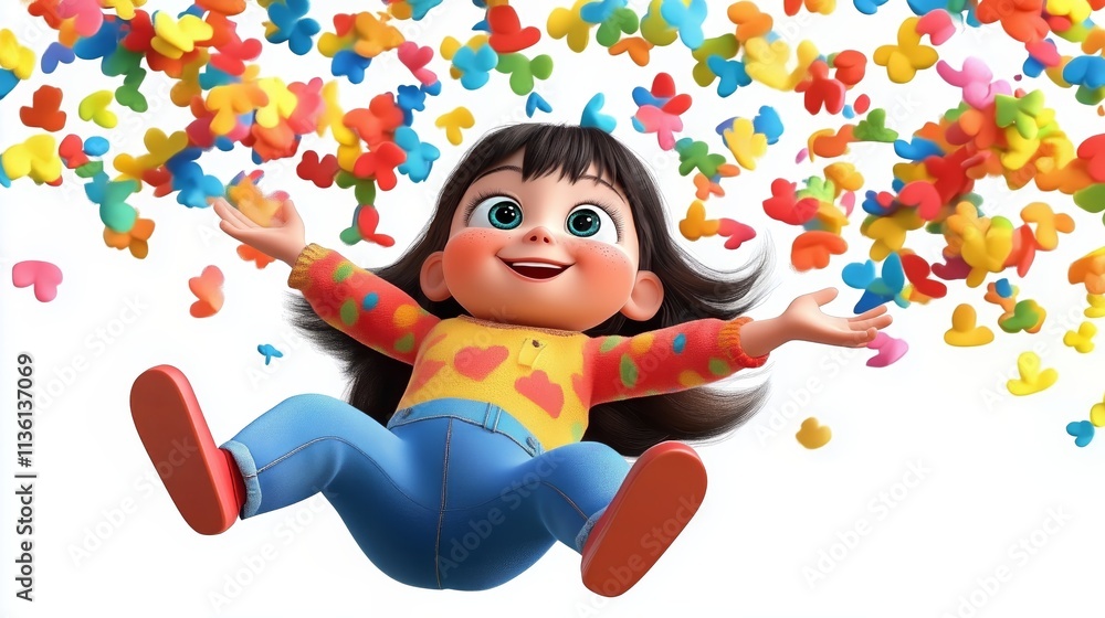 Fototapeta premium Joyful girl surrounded by colorful paper butterflies in mid-air