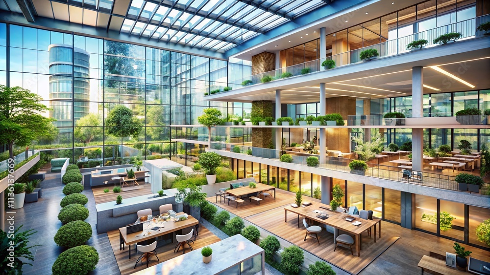 Fototapeta premium Future of Work Architecture: Modern Office Design, Innovative Workspace, Collaborative Environment