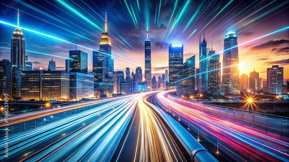 Fototapeta premium Futuristic Abstract Light Background Pattern with Skyline Highway Lights, Featuring Car Trails and a Tech-Inspired Cityscape in High Depth of Field Illustration