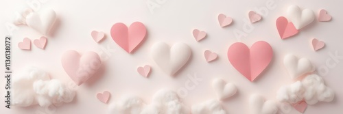 Romantic paper hearts & clouds banner Delicate pastel colors, soft texture, illustration, pastel