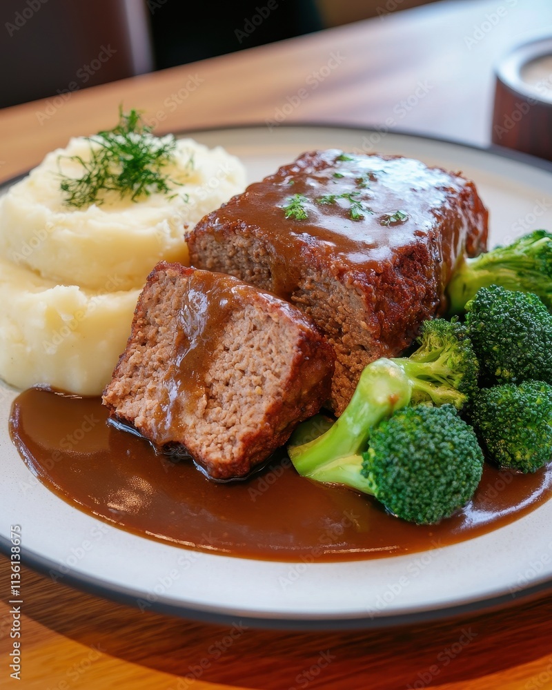 A plate of meatloaf with gravy, mashed potatoes, and broccoli. A plate of meatloaf with gravy, mashed potatoes, and broccoli.