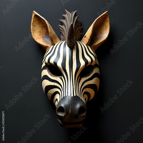 Rustic Wooden Zebra Mask with Traditional African Design Elements photo