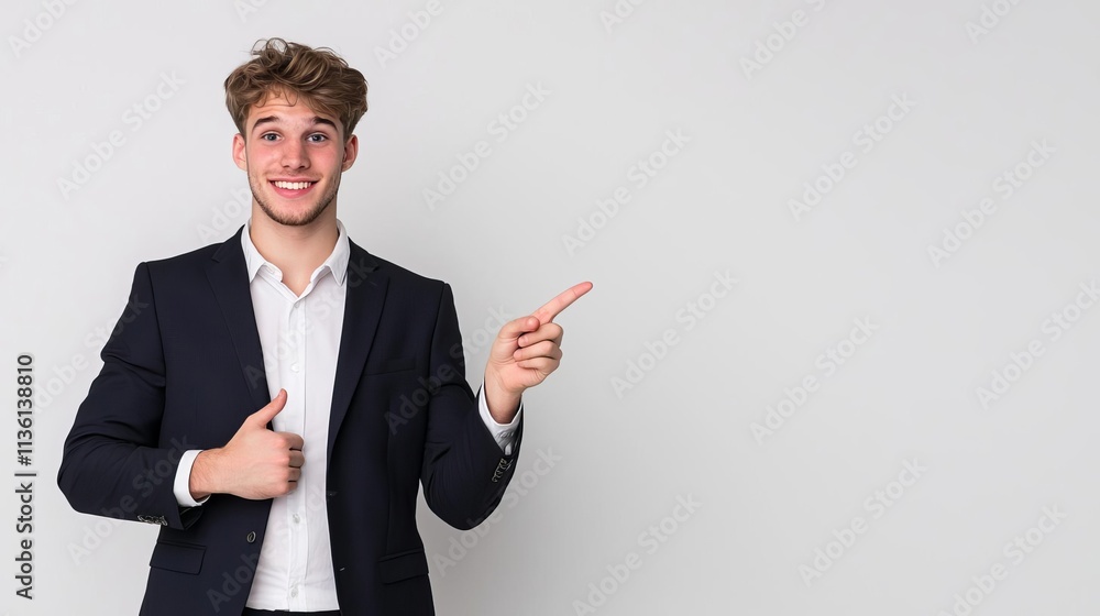 Young businessman pointing away concept. Smiling man in a suit pointing to the right with a thumbs-up gesture. Young businessman pointing away concept. Smiling man in a suit pointing to the right with a thumbs-up gesture.