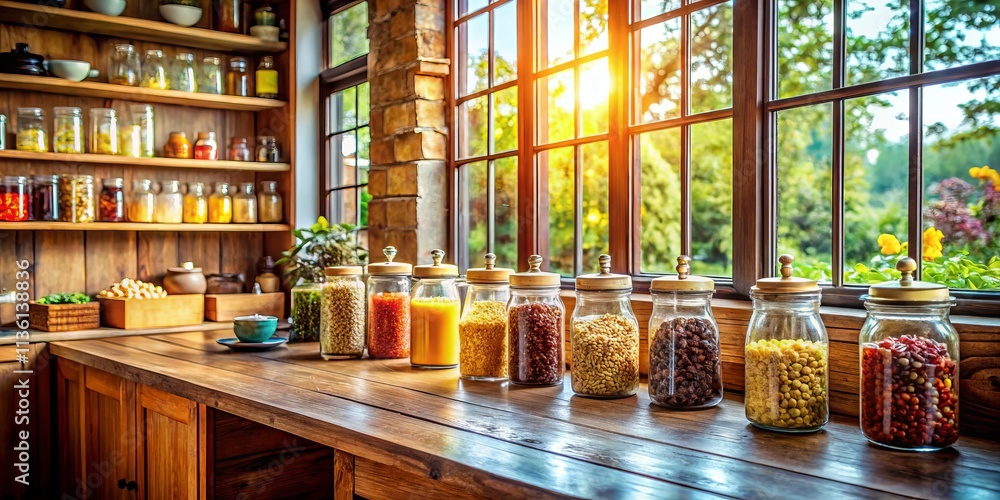Charming Rustic Coffee Shop Interior with Natural Light, Shelves of Bottles, and a Countertop Adorned with Cereal Pieces and a Glass Jar for a Cozy Atmosphere Charming Rustic Coffee Shop Interior with Natural Light, Shelves of Bottles, and a Countertop Adorned with Cereal Pieces and a Glass Jar for a Cozy Atmosphere
