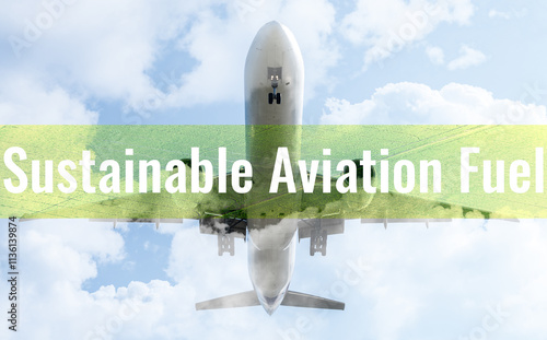 Sustainable aviation fuel concept. Net zero emissions flight. Sustainability transportation. Eco-friendly aviation fuel. Air travel. Future of flight with green innovation. Airplane use biofuel energy photo