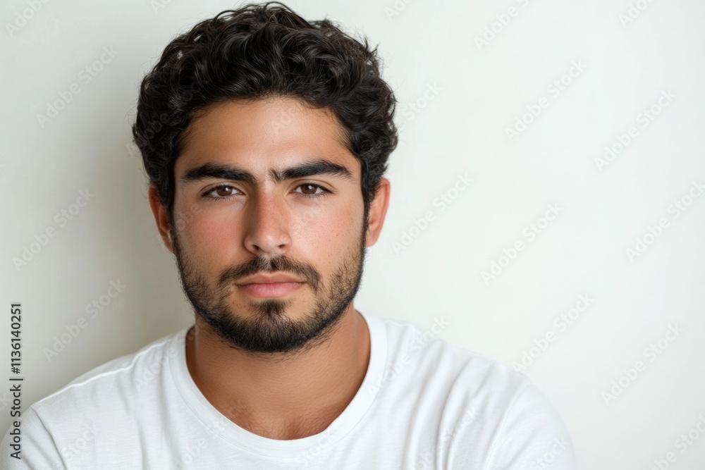 Relaxed Young Hispanic Man with Beard in Casual T-Shirt Exuding a Serious Expression Against a Clean Background Relaxed Young Hispanic Man with Beard in Casual T-Shirt Exuding a Serious Expression Against a Clean Background
