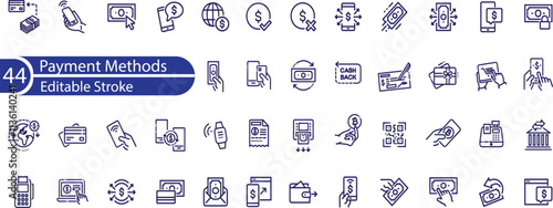 Set of outline icons related to payment methods. Linear icon collection. Editable stroke
