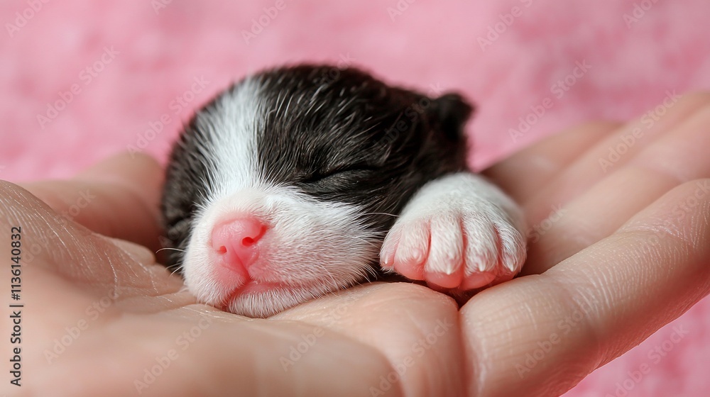 Tiny newborn puppy sleeping peacefully in a human hand. Tiny newborn puppy sleeping peacefully in a human hand.