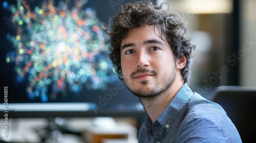 Young man with curly hair smiles in modern workspace