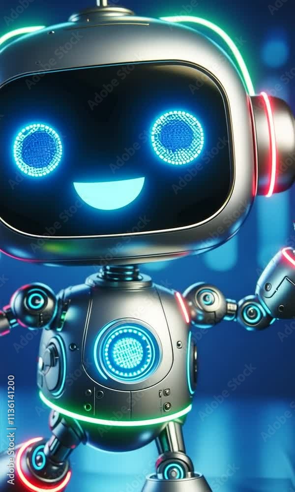 Cheerful robot dancing in a futuristic setting with vibrant lights and happy expressions Cheerful robot dancing in a futuristic setting with vibrant lights and happy expressions