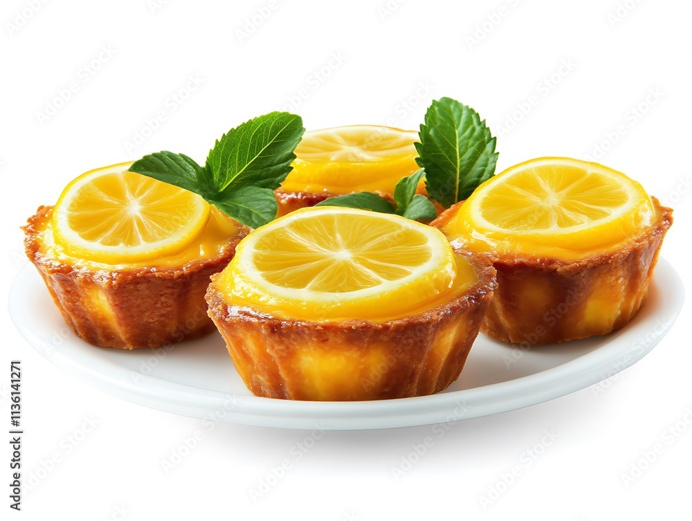 Three Lemon Tarts Garnished With Mint Leaves Three Lemon Tarts Garnished With Mint Leaves