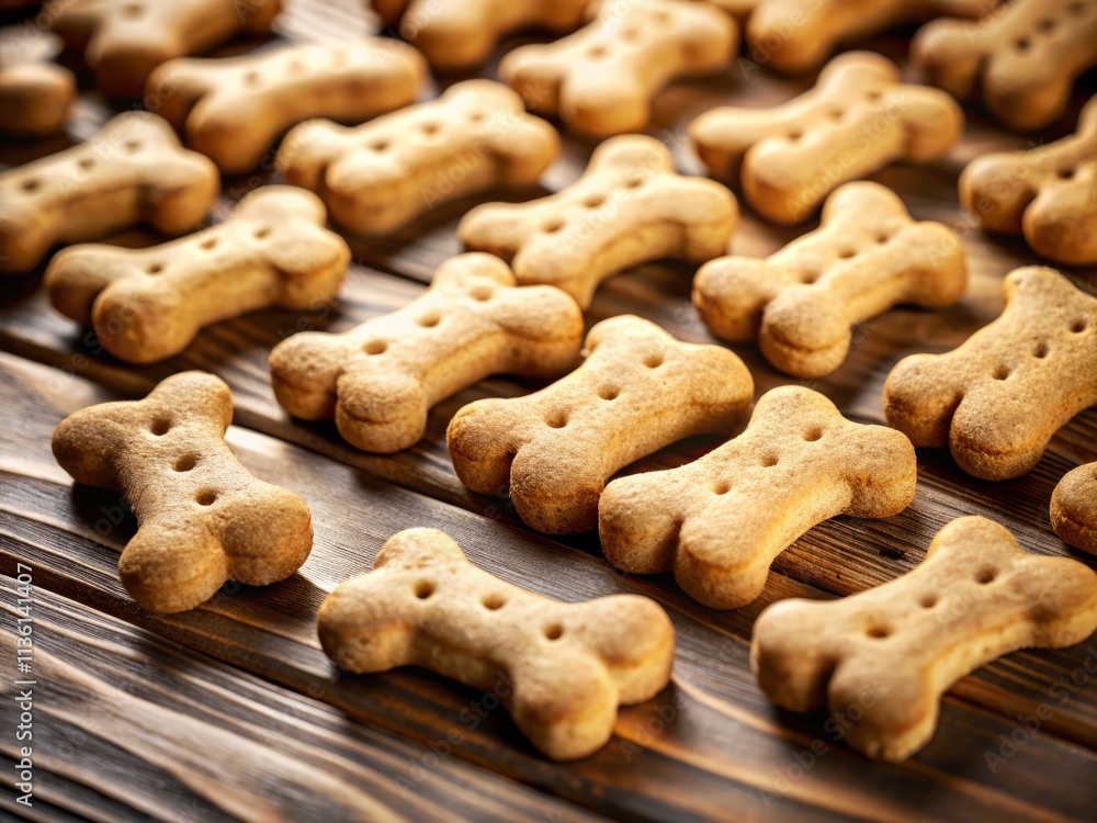 Fototapeta premium Close-Up of Delicious Bone-Shaped Dog Biscuits on a Wooden Surface with Copy Space for Pet Food Advertising or Promotional Use