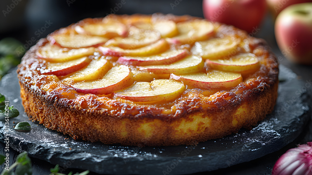 A simple rustic-style apple cake with sliced apples on top, dusted with a light coating of powdered sugar, creating a warm and homemade feel, perfect for a cozy dessert setting.
A simple rustic-style apple cake with sliced apples on top, dusted with a light coating of powdered sugar, creating a warm and homemade feel, perfect for a cozy dessert setting.