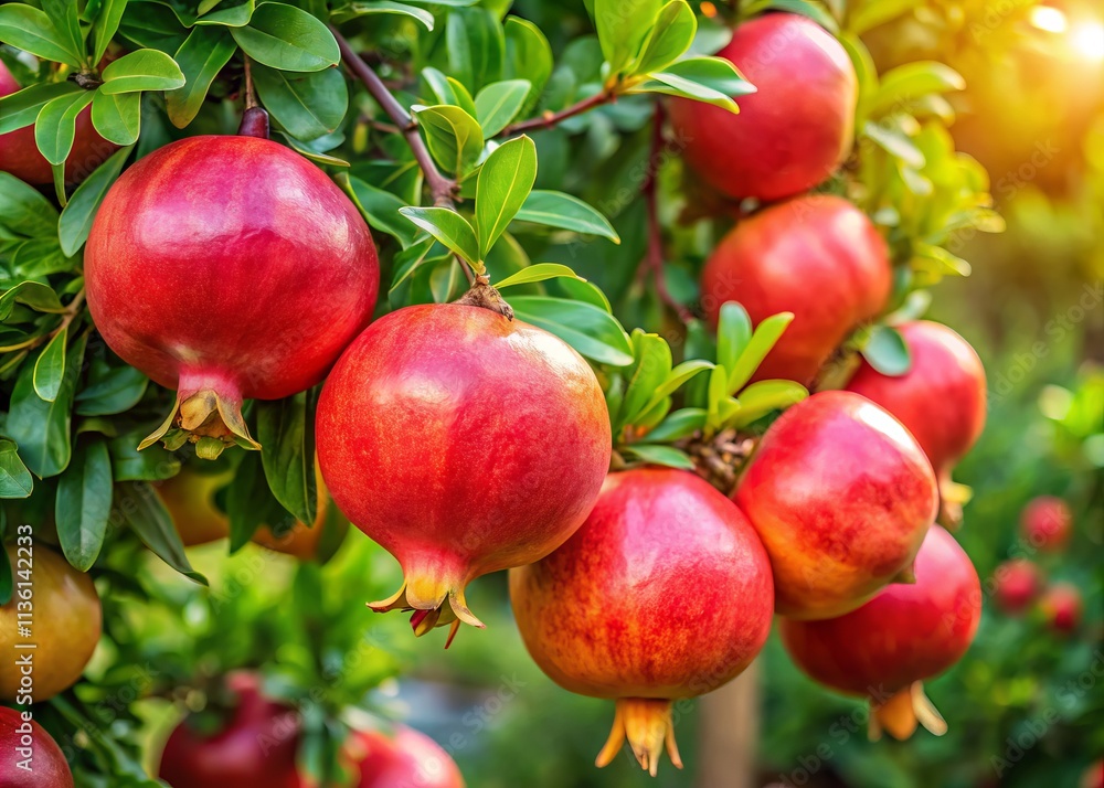 Close-Up of Vibrant Pomegranate Fruits Growing on a Lush Tree in a Garden, Showcasing the Rich Colors and Textures of Nature's Bounty, Perfect for Culinary and Health-Focused Imagery Close-Up of Vibrant Pomegranate Fruits Growing on a Lush Tree in a Garden, Showcasing the Rich Colors and Textures of Nature's Bounty, Perfect for Culinary and Health-Focused Imagery
