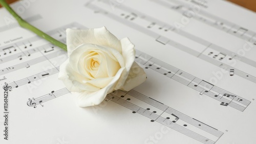 Single white rose delicately placed atop sheet music, elegant,musical score