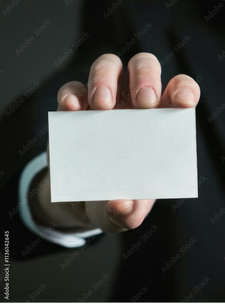 blank white business card held by hand in dark suit blank white business card held by hand in dark suit