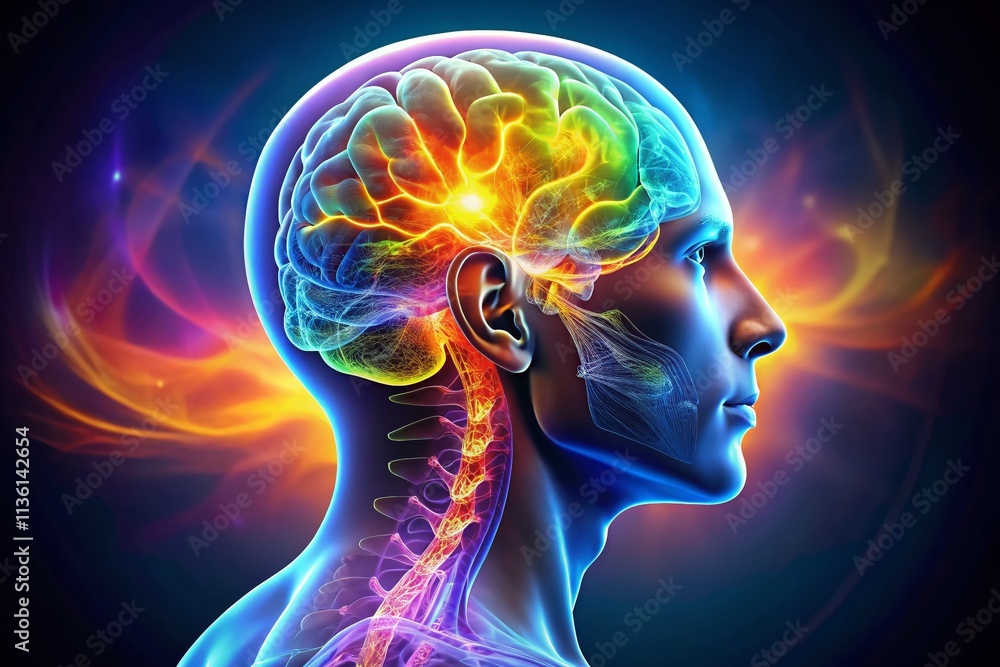 Glowing Brain Anatomy: Panoramic X-Ray Head Illustration Glowing Brain Anatomy: Panoramic X-Ray Head Illustration