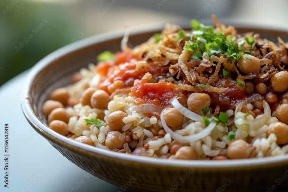 A bowl of rice topped with chickpeas, sauce, fried onions, and herbs.