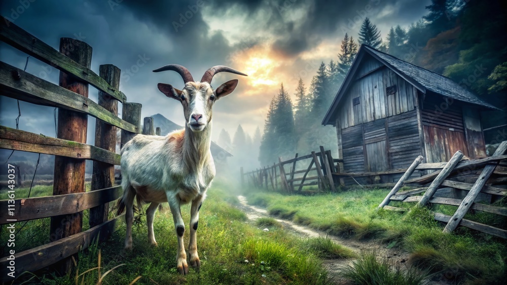 Naklejka premium Goat Standing in a Creepy Barnyard Surrounded by Broken Fences and Overgrown Grass, Evoking a Sense of Eerie Isolation and Rustic Charm in a Foggy Atmosphere