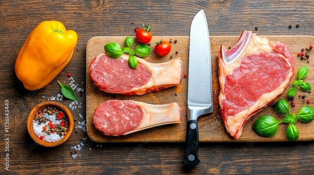 Fresh Raw Beef Cuts with Vegetables and Spices on Wooden Board Fresh Raw Beef Cuts with Vegetables and Spices on Wooden Board