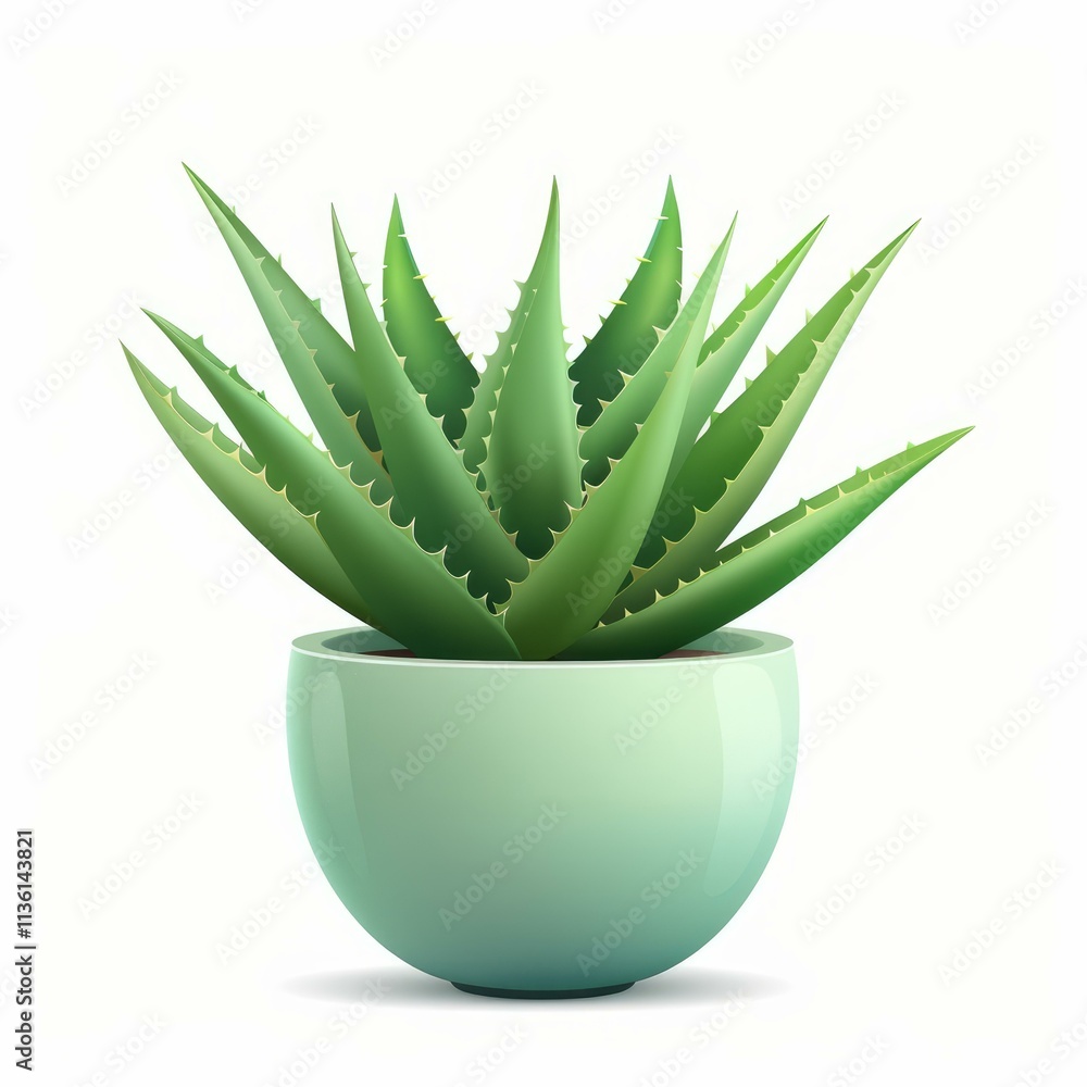 Green aloe vera plant growing in a light green pot, isolated on a white background Green aloe vera plant growing in a light green pot, isolated on a white background