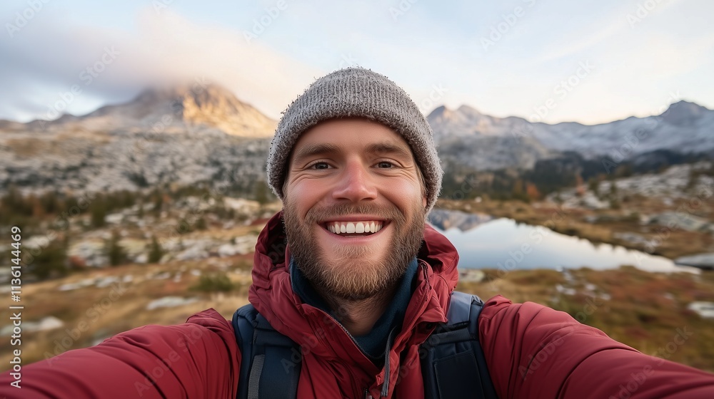 A happy and excited young man with a broad smile taking a selfie in front of a breathtaking mountain landscape during his vacation excursion A happy and excited young man with a broad smile taking a selfie in front of a breathtaking mountain landscape during his vacation excursion