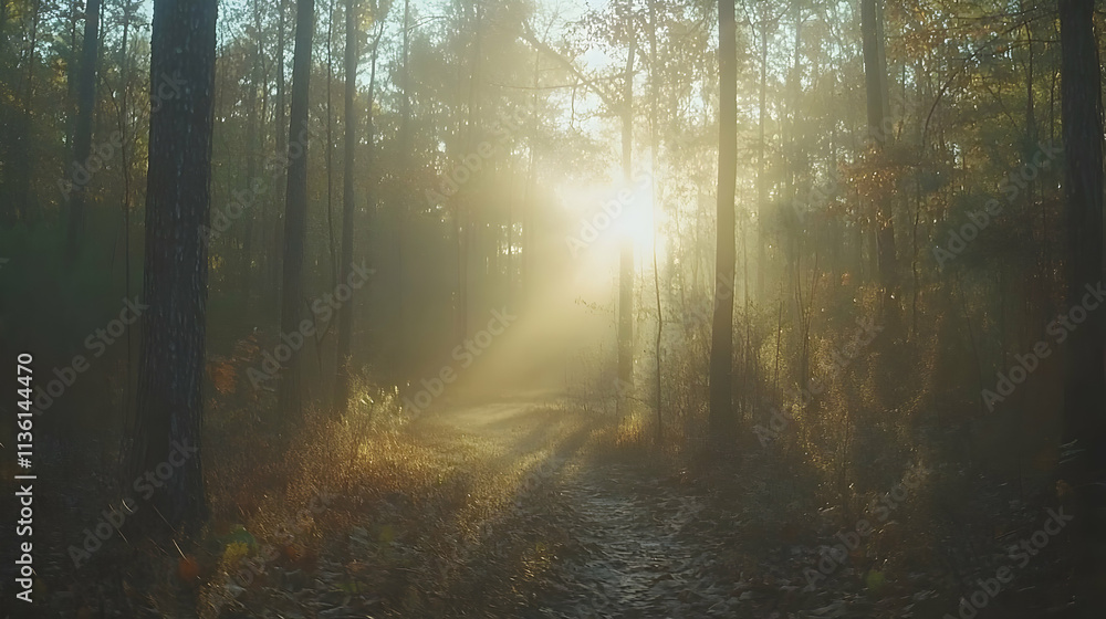 Obraz premium Sun rays pierce through misty forest path.