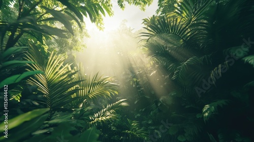 Dense tropical jungle with sunlight filtering through lush green foliage