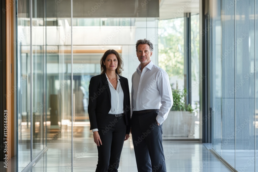 Professional Portrait of Two Business Individuals Engaging in Conversation in an Office Lobby Professional Portrait of Two Business Individuals Engaging in Conversation in an Office Lobby