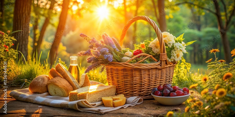 Golden Hour Forest Food Photography: Sunlit Picnic Basket, Delicious Treats, Nature's Bounty Golden Hour Forest Food Photography: Sunlit Picnic Basket, Delicious Treats, Nature's Bounty