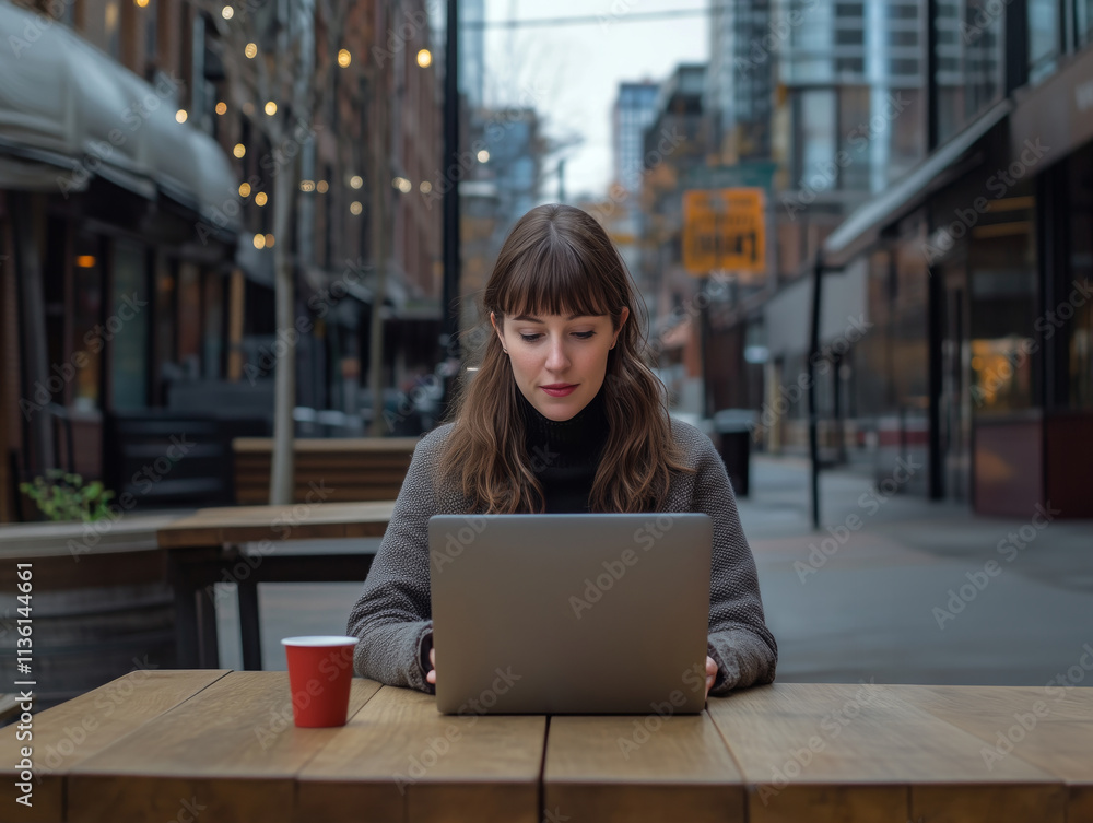 Seated at a rustic wooden table, a woman concentrates on her laptop, enjoying the vibrant atmosphere of the city while sipping coffee during a sunny day Seated at a rustic wooden table, a woman concentrates on her laptop, enjoying the vibrant atmosphere of the city while sipping coffee during a sunny day