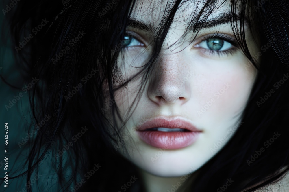 A Close Up Portrait of a Young Woman with Dark Hair A Close Up Portrait of a Young Woman with Dark Hair