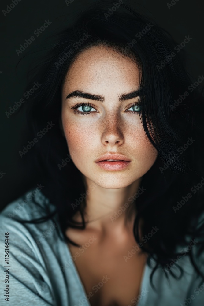 A Portrait of a Young Woman with Freckles and Green Eyes