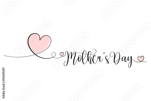 Mothers Day, heart. One solid line and text. for greeting card design