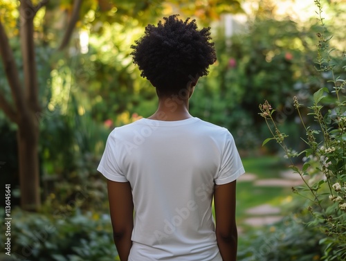 Mockup of a white t-shirt with a rear view of a black woman in a tranquil botanical garden. The natural green backdrop enhances the casual and stylish aesthetic.