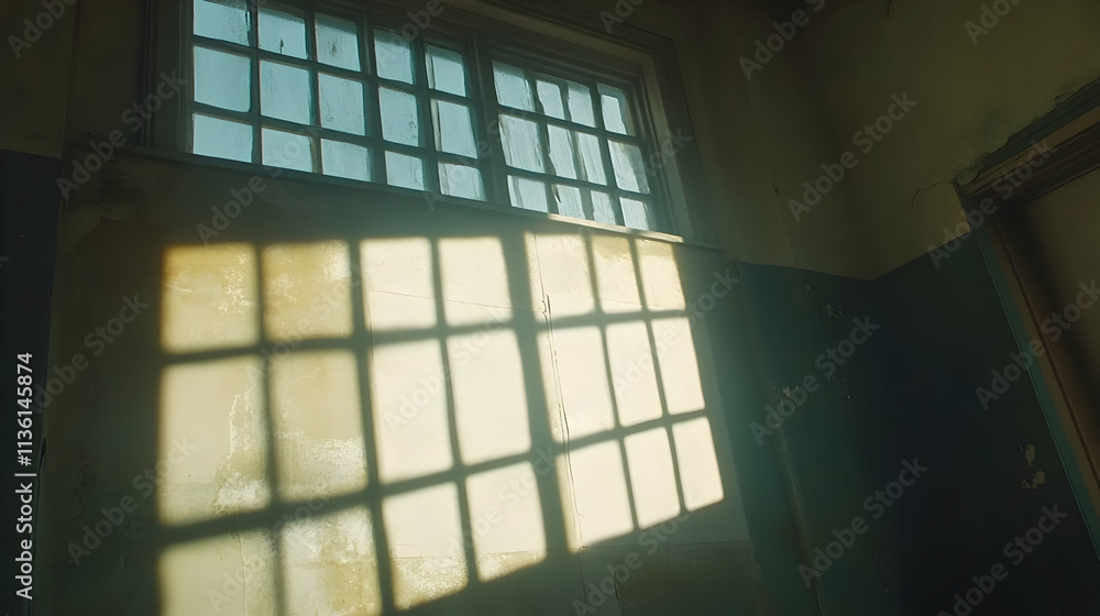 Sunlight streams through a high window in an old, dilapidated building, casting shadows on the wall. Sunlight streams through a high window in an old, dilapidated building, casting shadows on the wall.