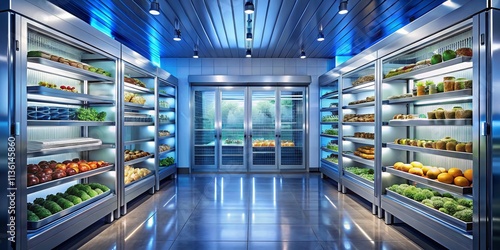 Conceptual Refrigerated Storage Room with Rows of Modern Refrigerators for Efficient Food Preservation and Inventory Management in a Commercial Setting