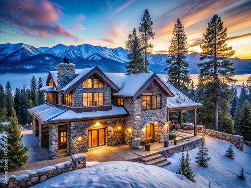Contemporary Alpine Lodge at Lake Tahoe with Sierra Nevada Views and Ski Access, Showcasing a Stunning Stone Facade in a Scenic Winter Wonderland