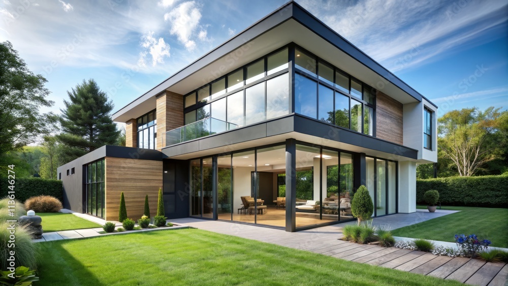 Contemporary Slim Frame Black Aluminum Windows and Doors on a Modern Home Showcasing Architectural Elegance and Aesthetic Appeal with a Clear Blue Sky Background Contemporary Slim Frame Black Aluminum Windows and Doors on a Modern Home Showcasing Architectural Elegance and Aesthetic Appeal with a Clear Blue Sky Background