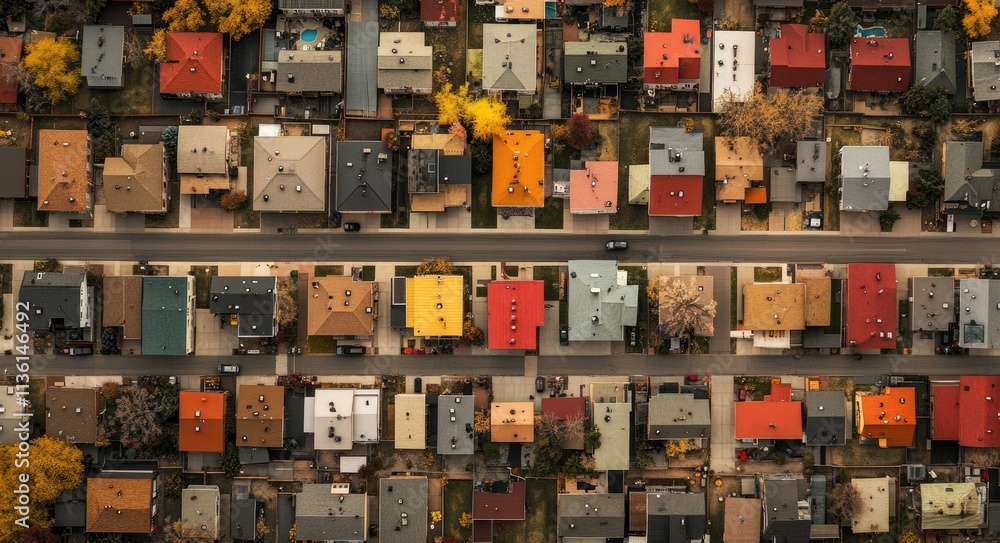 Aerial View of a Vibrant Residential Neighborhood in Autumn Denver, Colorado: Homes Nestled Amongst Fall Colors Aerial View of a Vibrant Residential Neighborhood in Autumn Denver, Colorado: Homes Nestled Amongst Fall Colors