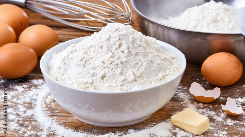 A flat lay composition featuring a bowl of flour, fresh eggs, butter, and a whisk on a rustic wooden surface, showcasing essential baking ingredients.
A flat lay composition featuring a bowl of flour, fresh eggs, butter, and a whisk on a rustic wooden surface, showcasing essential baking ingredients.
